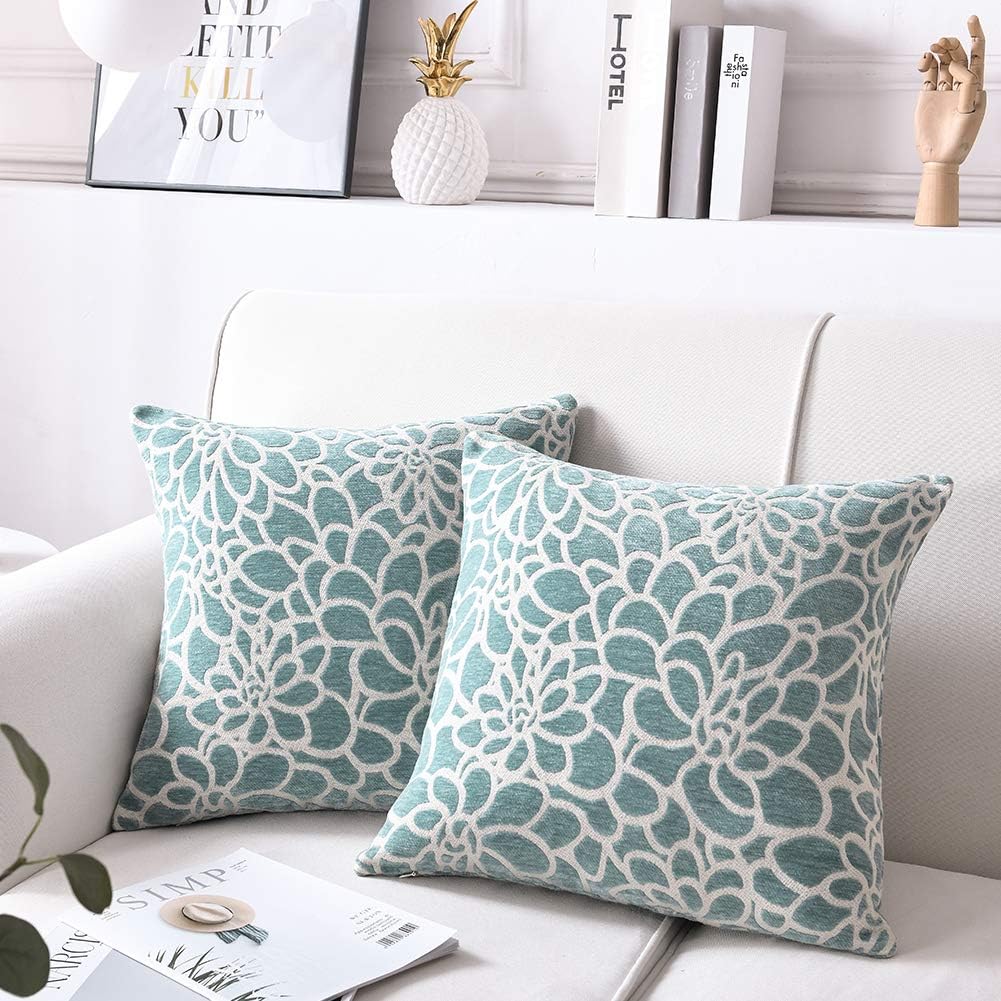 Throw Pillow Cover 20 x 20 Inch Sets of 2 Decorative Square Pillow Covers 100% cotton Decorative Square Cushion Case Sofa Durable Modern Stylish Cushion Covers Hidden Zipper (petal-Blue, 2020in)