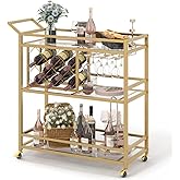 FATORRI Bar Cart Gold, Home Bar Serving Cart with Wine Rack and Glasses Holder, Wine Carts on Wheels with 3 Tier Mirrored She