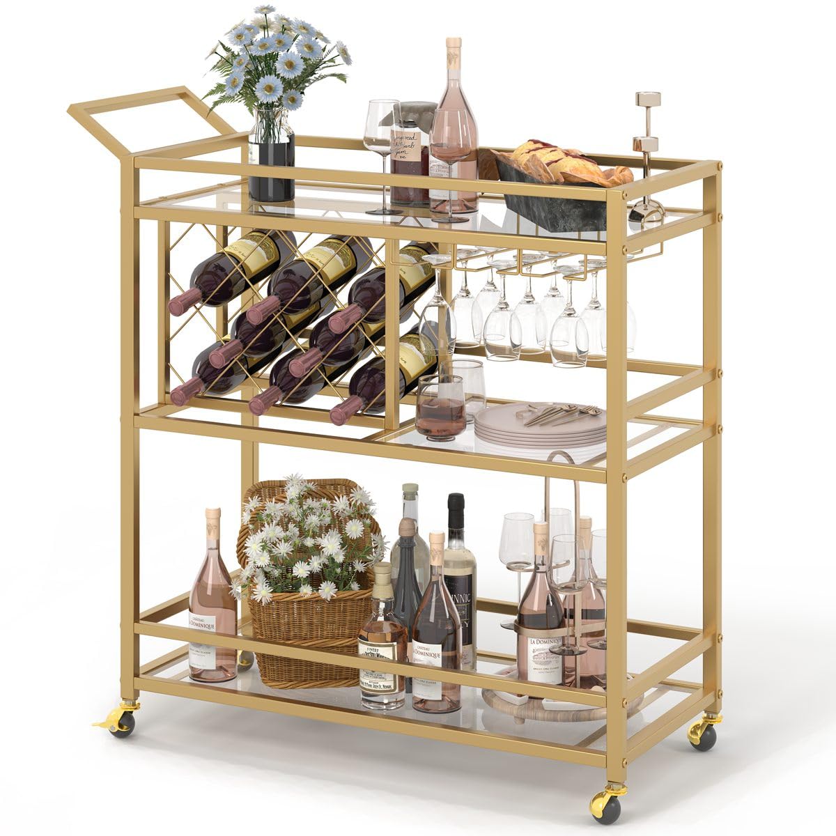 Chariot Bar Roulant Winsome Johnnie - 2 Niveaux, Pour 10 Bouteilles - Bois Espresso
