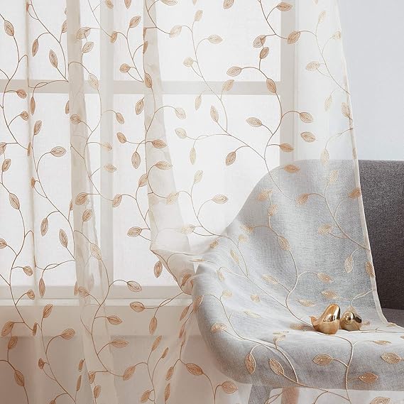 Embroidered Leaf Sheer Curtains 84 inch for Living Room Natural Linen