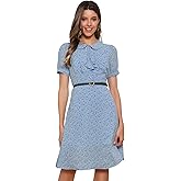 Allegra K Women's Peter Pan Collar Tie Neck Short Sleeves A-Line Elegant Belted Vintage Floral Dress