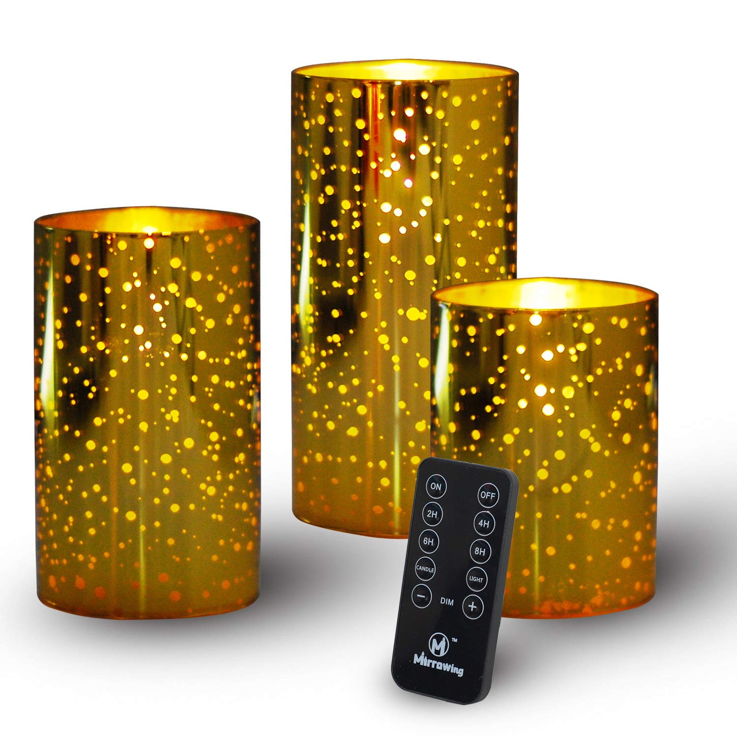Photo 1 of M Mirrowing Gold Glass Flameless LED Candles with Remote and Timer, Battery Operated Candles with Realistic Flickering LED Light, AA Batteries Included, Real Wax Candles for Christmas, Halloween
