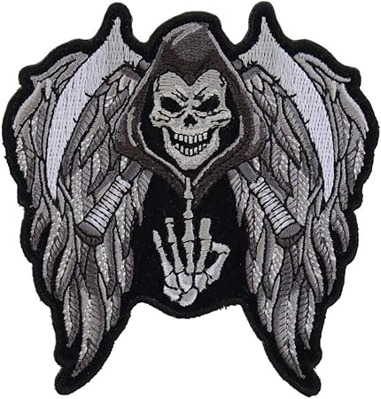Amazon Com Reaper Skull Wings Middle Finger Patch Small 3 9x4 Inch Embroidered Iron On Patch Arts Crafts Sewing