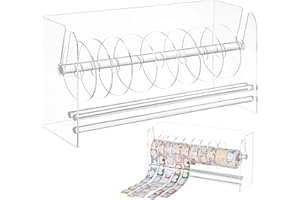 CDOKY Clear Label Roll Holder, Transparent Acrylic Tape Dispenser, Adjustable Desktop Sticker Roll Holder for Office and Home, Adjustable Sticker Roll Holder with 8 Removable Divider Disks