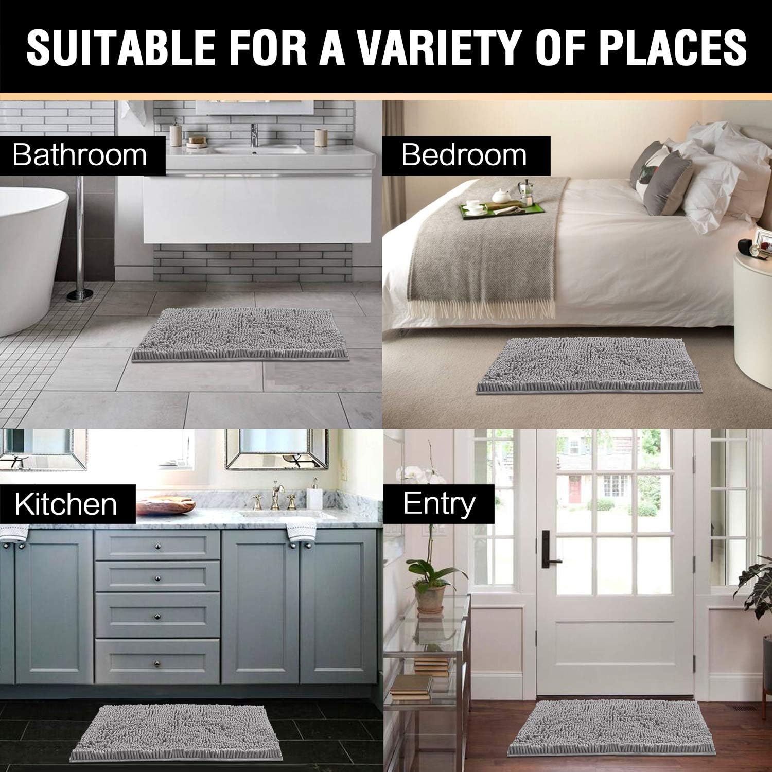 Grey Rugs for Bathroom Slip-Resistant Shag Chenille Bath Rugs Mat Extra Soft and Absorbent Bath Rug for Shower Room Machine-Washable Fast Dry (Grey, 17" x 24"): Home & Kitchen