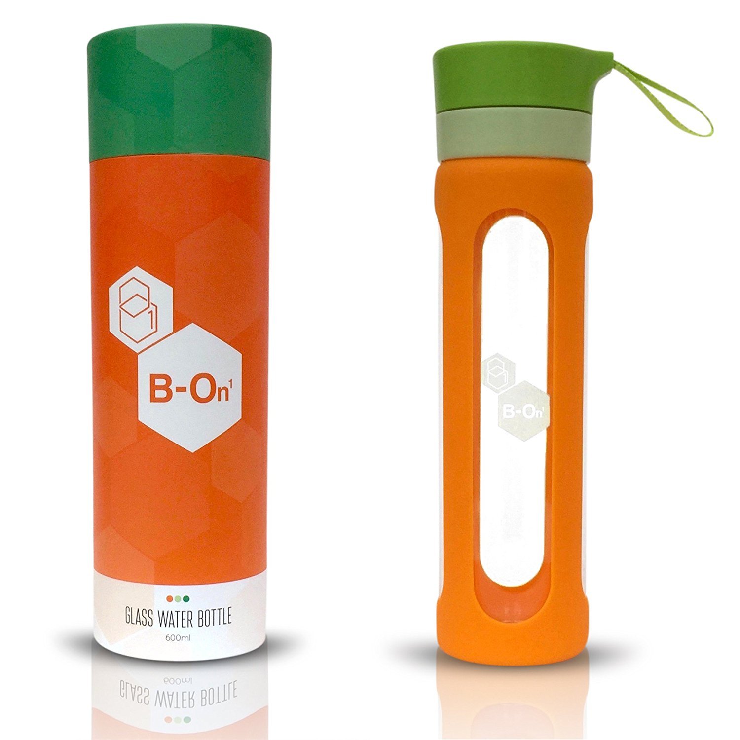 B On 1 Glass Water Bottle 600ml Filter/Infuser Lid, Silicone Sleeve and BPA Free