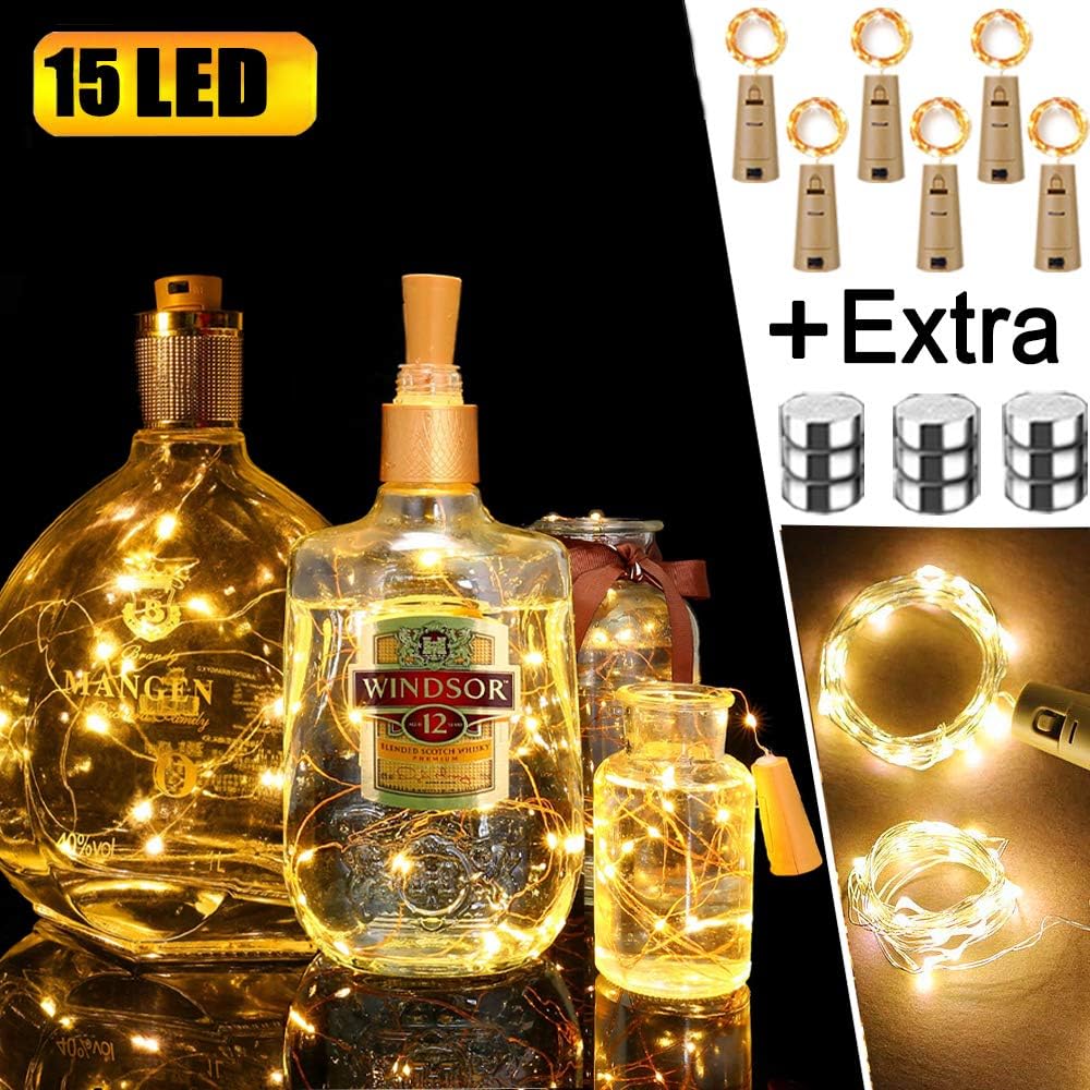 Chipark Bottle Lights with Cork, Fairy Lights Cork Copper Wire Lamp, 15 LED 6 Pack Battery Operated Wine String Light for DIY Party Decor Xmas Wedding Table Décor(Warm White + Extra 9 Battery)