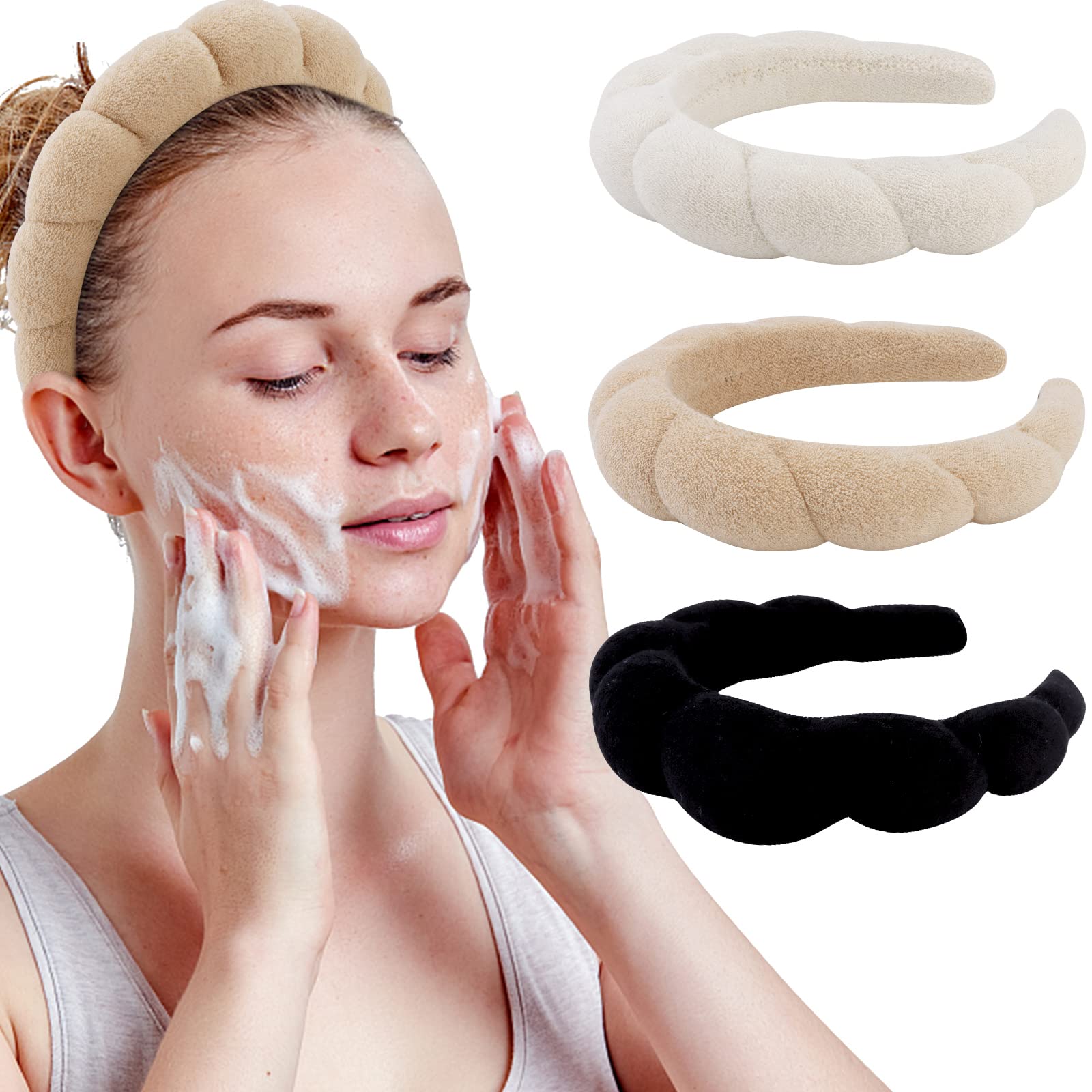 View 1 of (MISSING ONE) WHAVEL 3 Pack Spa Headband Skincare Headbands, Soft Hair Band for Washing Face, Makeup, Facial, Skin Care (Khaki, Brown, Black)