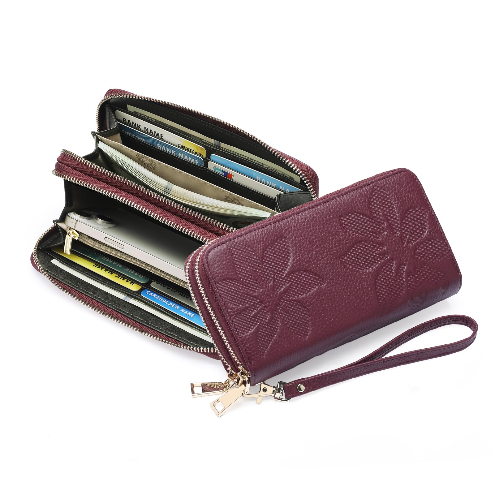 GOIACII Women's Wallet Large Capacity Double Zip Ladies Card Phone Holder RFID Blocking Wristlet Leather