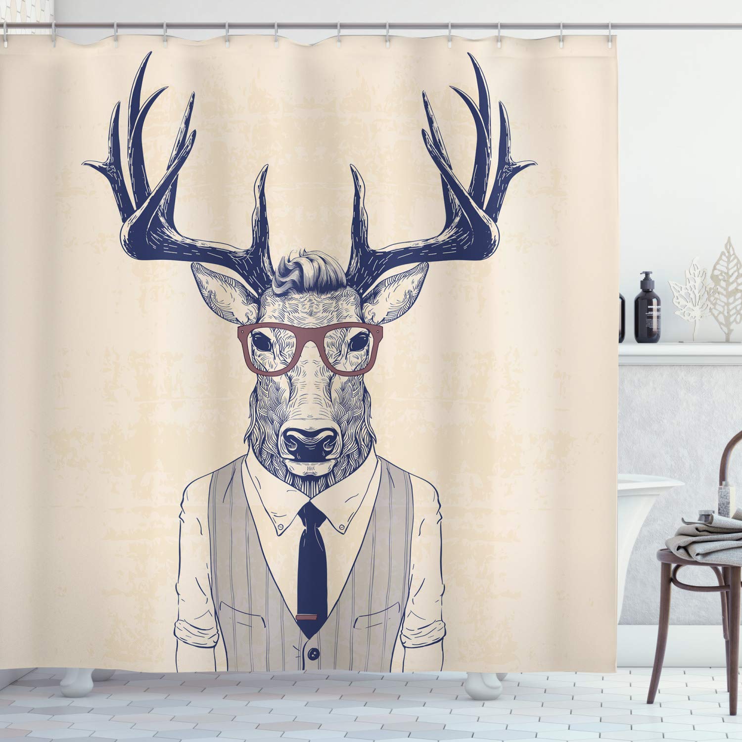 ABAKUHAUS Hipster Shower Curtain, Business Man Humanized Manly Deer Contemporary Art, Cloth Fabric Bathroom Decor Set with Hooks, 175 x 240 cm, Indigo Champagne