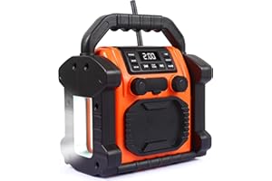 Bingxue Jobsite Radio Bluetooth Speaker, 30W IPX 66 Waterproof FM Clock Radio Portable with LED Lights, Anticollision FM Radios for Constrution Site/Outdoor/Fishing/Party/Camping（Orange）
