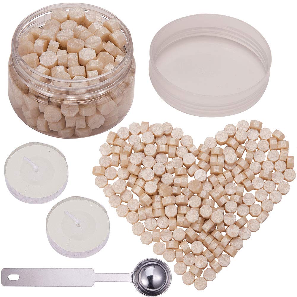 CRASPIRE 213Pcs Wax Seal Beads Kit Pearl White Octagon Sealing Wax Beads Packed in Can 9mm Wax Seal with 2Pcs White Tea Candles & Wax Melting Spoon for Invitation Greeting Card Wax Seal Stamp
