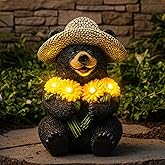 JJALIGHTS Solar Garden Decor Statues 7.5" Resin Black Bear Figurines with Sunflowers Featuring Straw Hat Waterproof Bear Decor for Outside Yard Patio Porch Decoration Gift for Mom Grandma