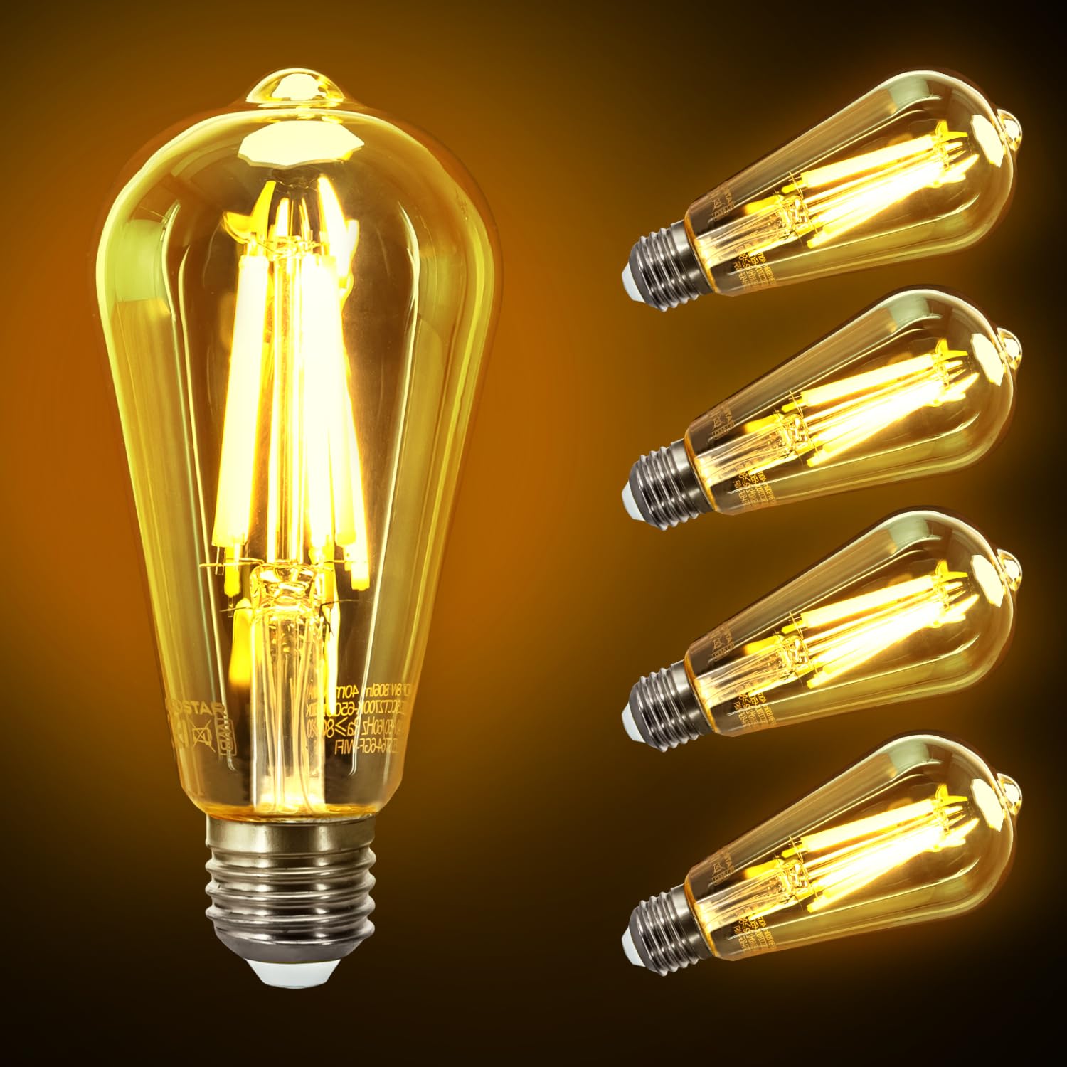 Aigostar Vintage Filament ST64 Bulbs, 4 Pack - 8W Equivalent to 60W, Warm White 2200K E27 Screw Base with Energy Saving LED Technology