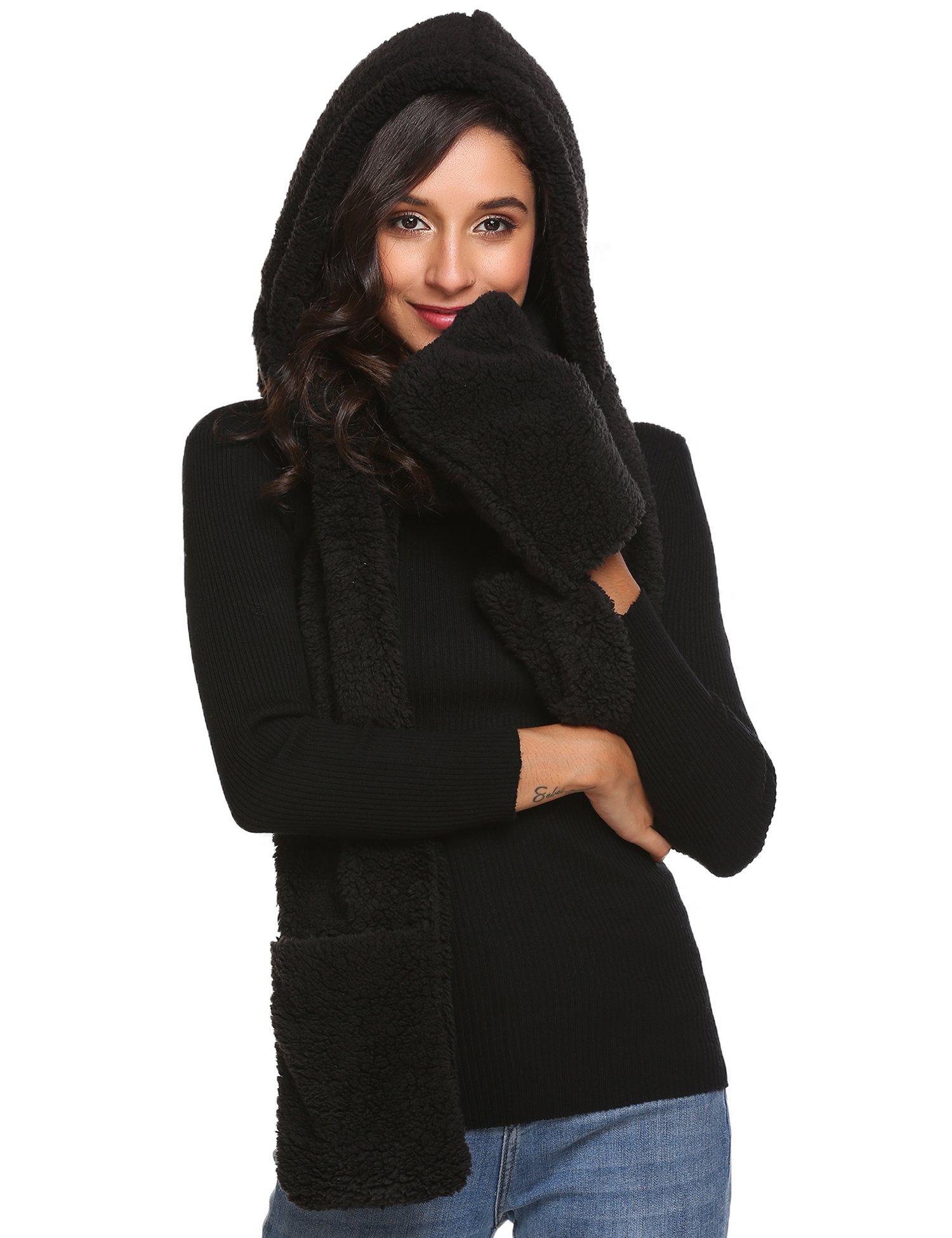 Chigant Womens Soft Thick Warm Fleece Long Hooded Scarf with Gloves for Chrismas Gift Chigant Womens Soft Thick Warm Fleece Long Hooded Scarf with Gloves for Chrismas Gift