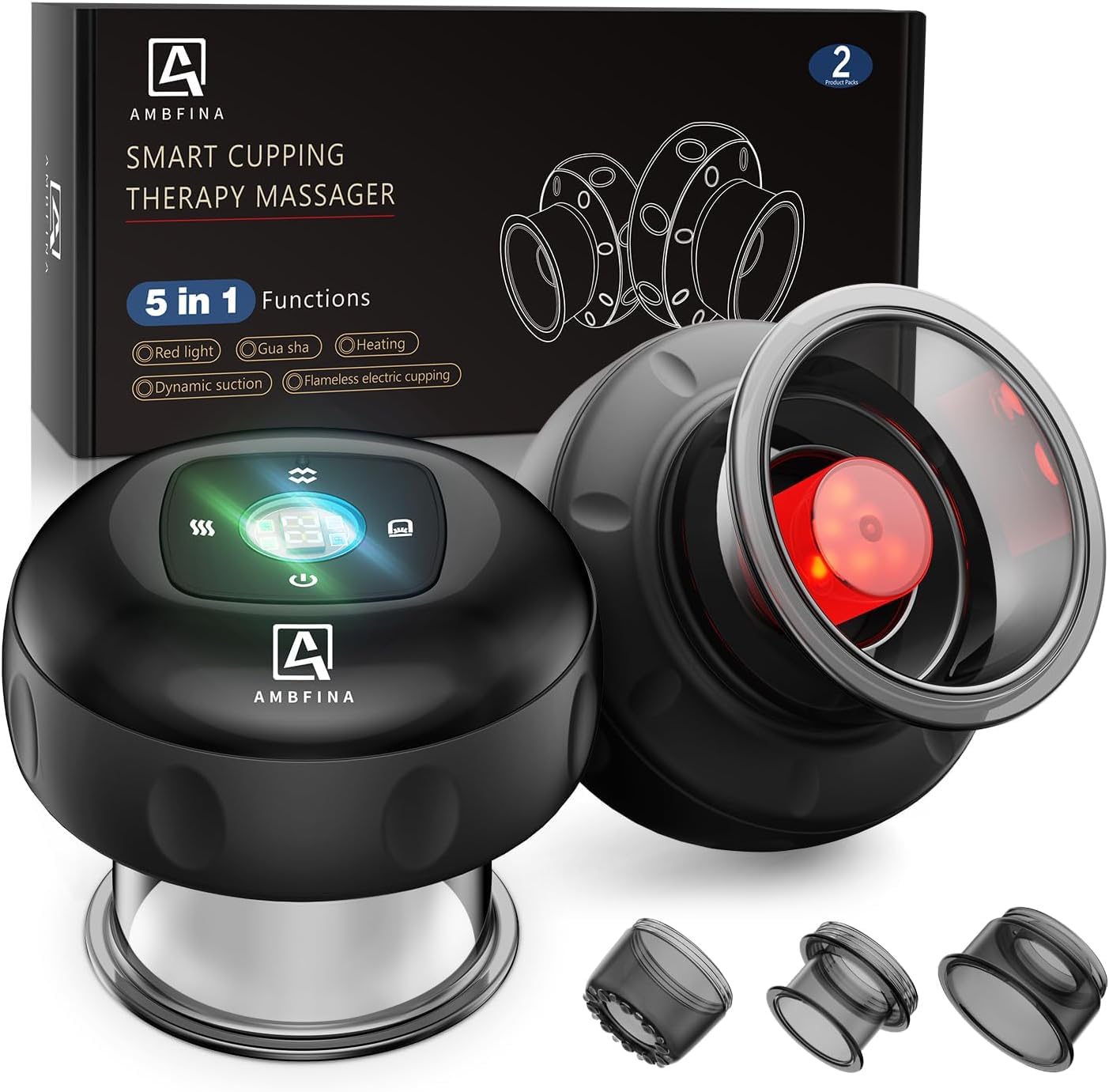 Photo 1 of Ambfina 5-in-1 Cupping Kit for Massage Therapy, 12 Levels Smart Dynamic Cupping Set with Red Ligh-t Therapy&Heat Penetrates for Targeted Pain Relief, Knots, Aches, Muscle Soreness - 2Pcs(Black&Black)