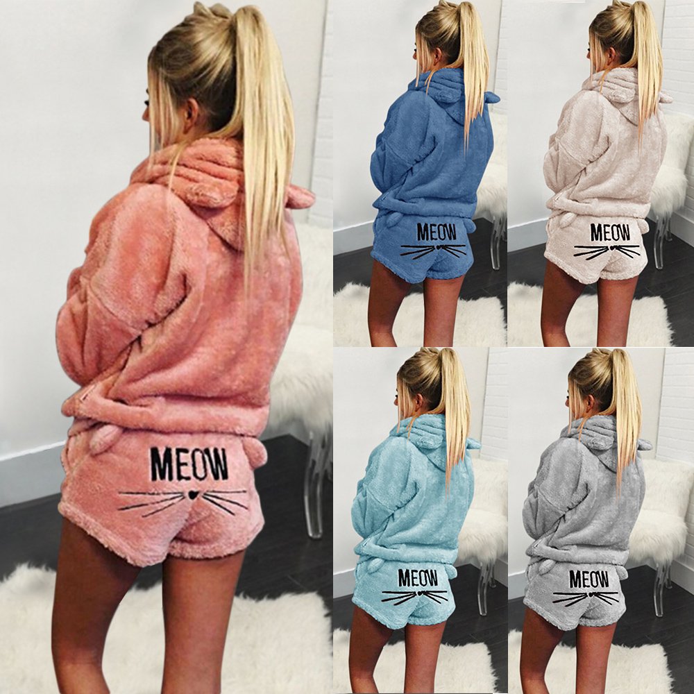 SEENFUN Women’s Pajamas Cozy Sleepwear Fleece Meow Embroidered Hoodie Pj Set