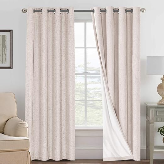Amazon Com Linen Blackout Curtains 96 Inches Long 100 Absolutely Blackout Thermal Insulated Textured Linen Look Curtain Draperies Anti Rust Grommet Energy Saving With White Liner 2 Panels Natural Kitchen Dining