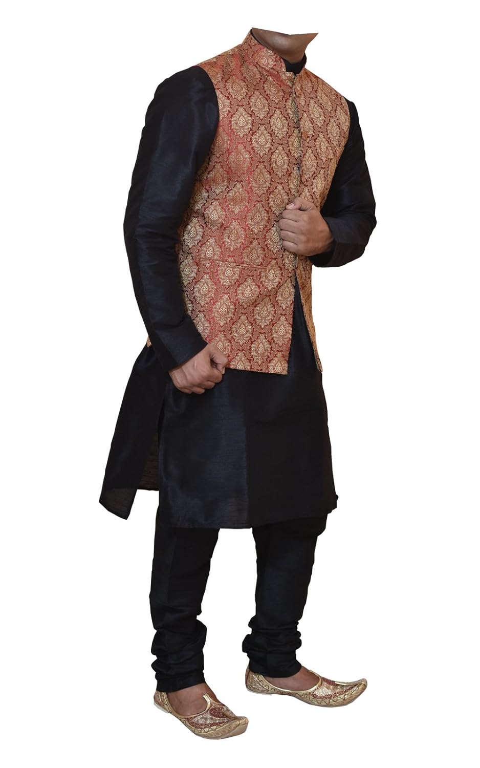 modern garments men's black dupioni silk kurta pyjama & waistcoat