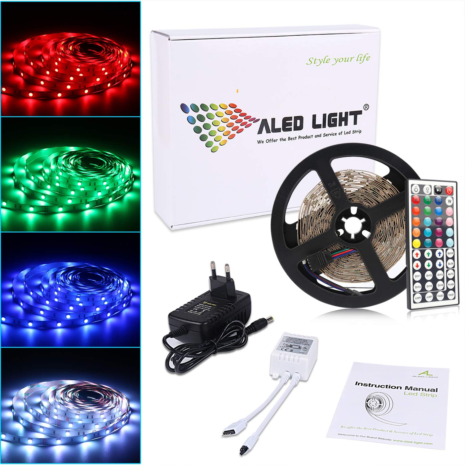 ALED LIGHT ® Tiras Led 5050 RGB 5m de Longitud 150 Led Multicolor Control Remoto de 44 Botones y Fuente de Alimentación [Clase de Eficiencia Energética A]