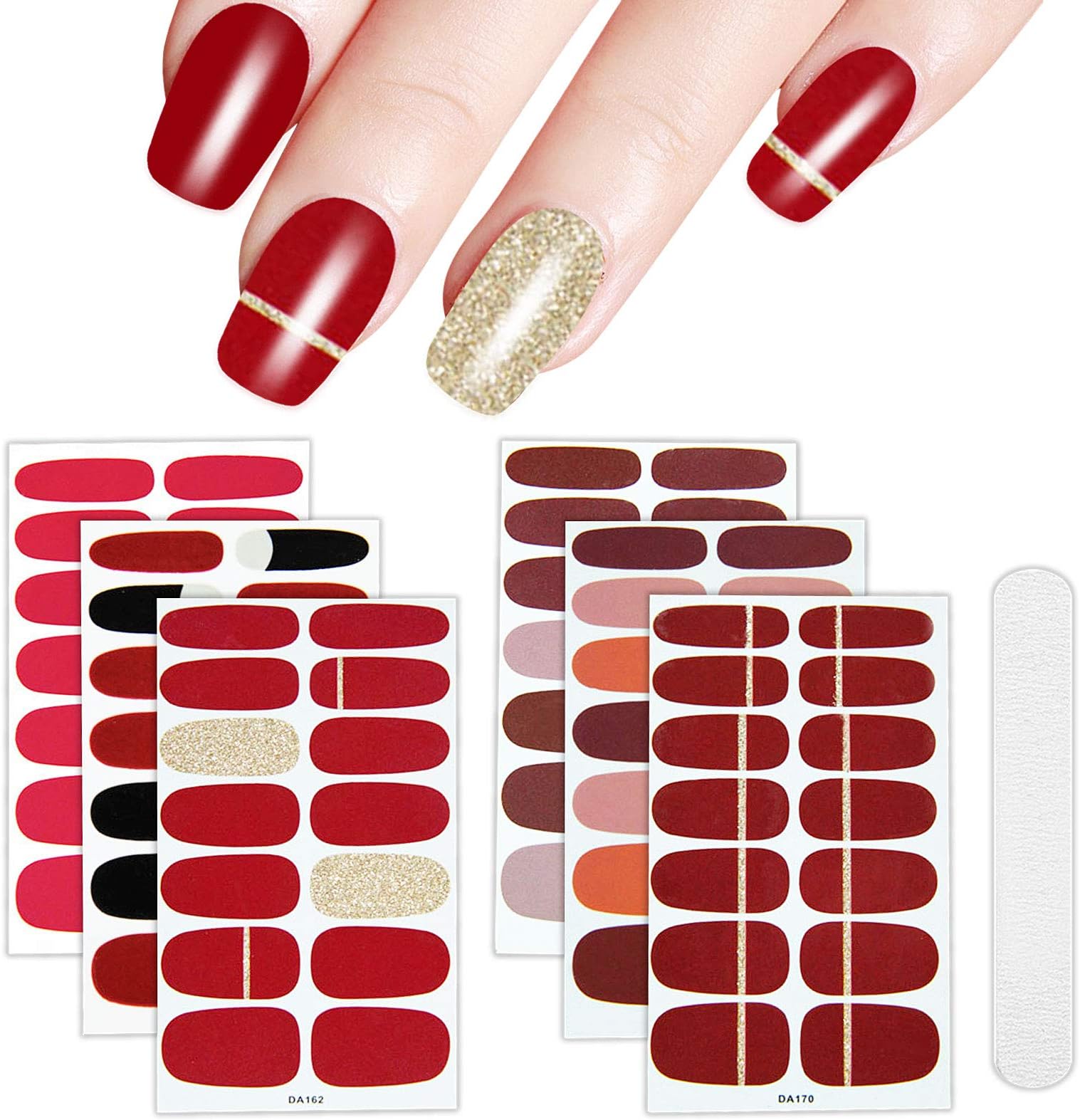 6 Sheets Full Nail Wraps Art Polish Stickers Decal Strips Adhesive False Nail Design Manicure Set With 1Pc Nail Buffers Files For Women Girls