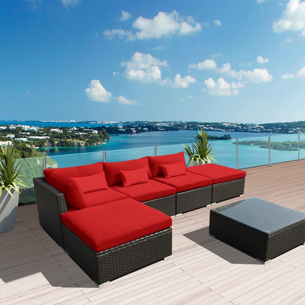 Modenzi 6L-U Outdoor Sectional Patio Furniture Espresso Brown Wicker Sofa Set (Red)