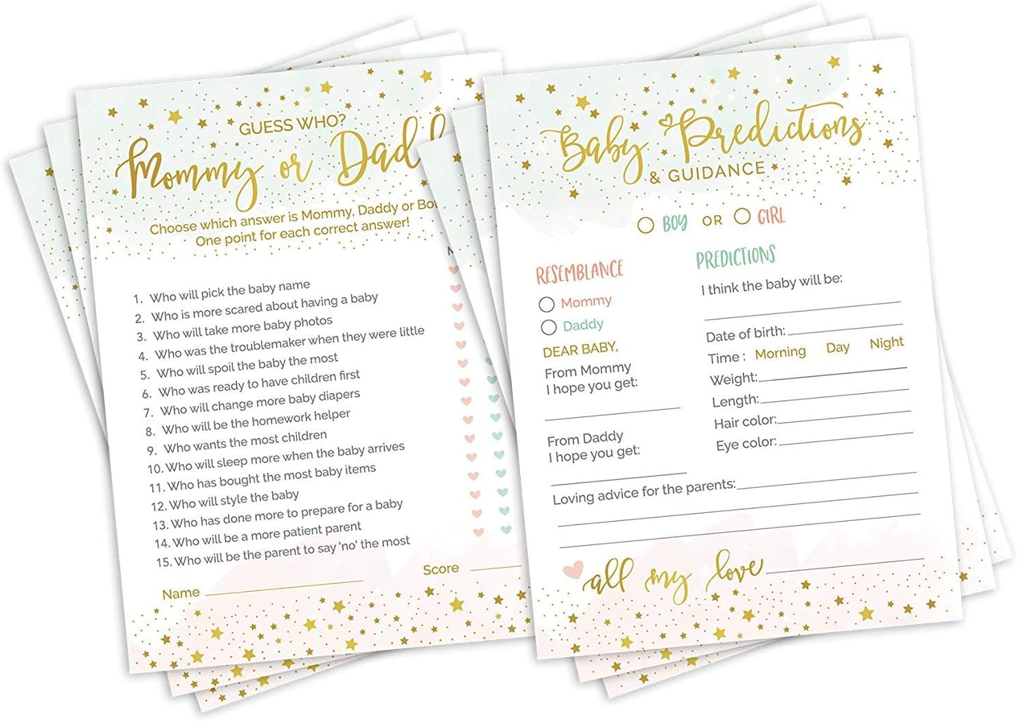 2 Popular Baby Shower Games - Gender Neutral Design of Gender Reveal Games to Entertain Guests - Baby Predictions and Advice cards and Guess Who Mommy or Daddy Baby Shower Games - Baby Shower Favors