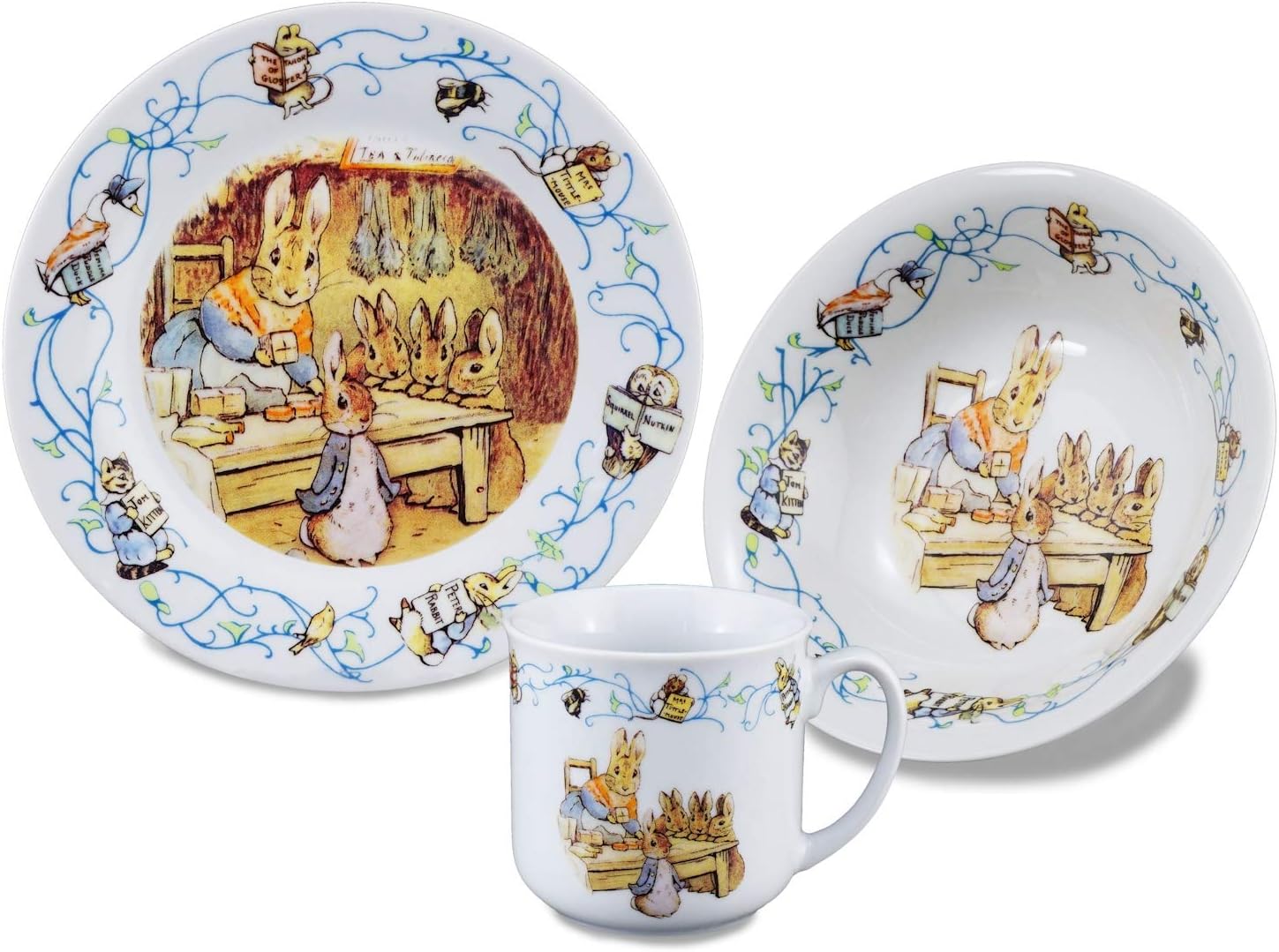 150th Anniversary - Peter Rabbit & Family - 3 Piece Porcelain Dining Set - Mug, Cereal Bowl & Plate - Beatrix Potter by Reutter Porzellan-Christening/Naming Day/New Born Gift