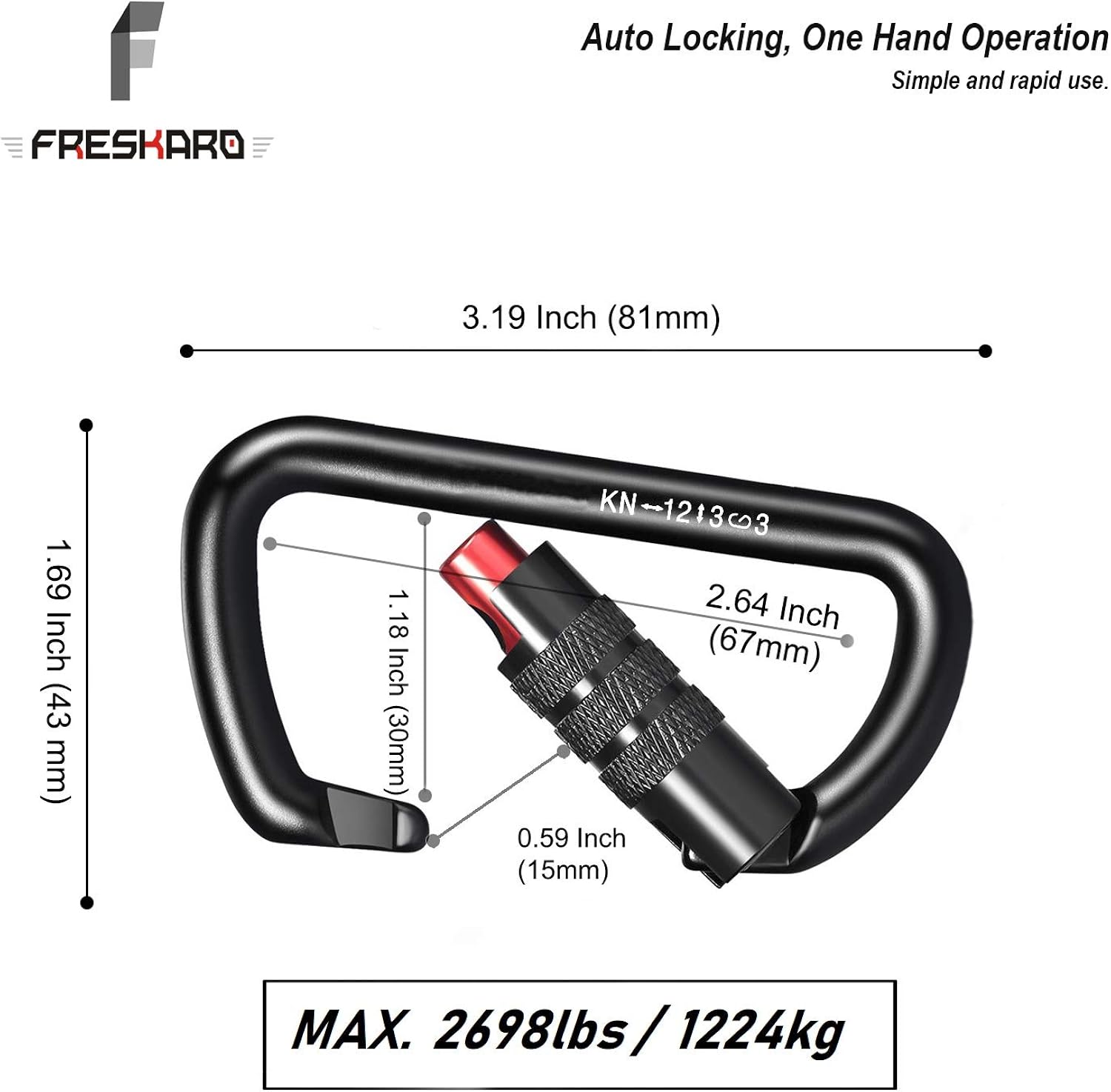 FresKaro 3inch Twist Locking Carabiner Clips, 12KN-2698lbs, 7075 Aluminum: Clothing