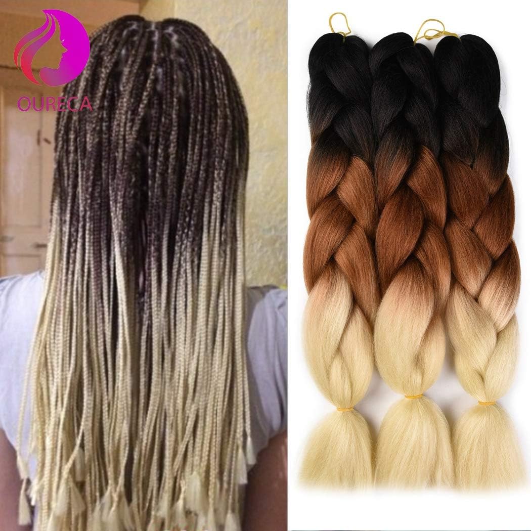 Braiding Hair Extensions High Temperature Jumbo Kanekalon Synthetic Hair 3 Tone Ombre Twist Hair Braids With Small Free Gifts 24inch 3pcs/lot(Black/Brown/creamy white)