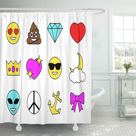 Amazon Varyhomeシャワーカーテン絵文字顔文字ピンパッチスタンプステッカーホワイトhappy Poop Alien Loveアンカーダイヤモンドクラウンpeaceリボン防水ポリエステル生地セットフック付き 60 W X 72 L レッド シャワーカーテン ホーム キッチン オンライン通販