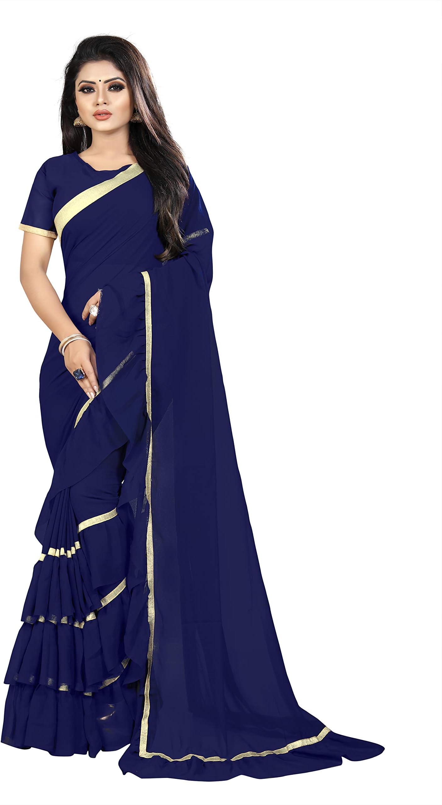 Anjaneya Sarees Georgette with Blouse Piece Saree (ANJ-101_N Blue_Free Size)