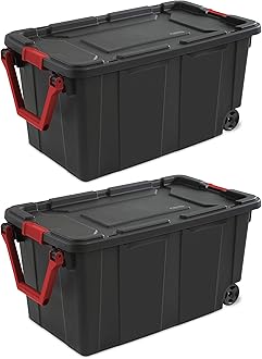 Sterilite40 Gal Wheeled Industrial Tote, Stackable Storage Bin with Latch Lid, Plastic Container with Heavy Duty Latches, Black Base and Lid, 2-Pack