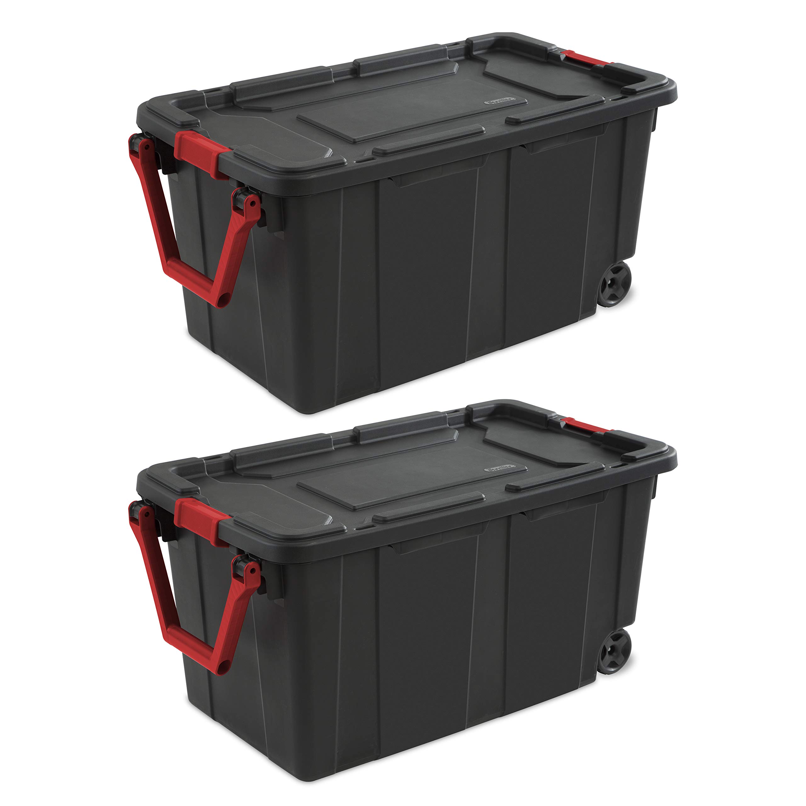 Sterilite40 Gal Wheeled Industrial Tote, Stackable Storage Bin with Latch Lid, Plastic Container with Heavy Duty Latches, Black Base and Lid, 2-Pack
