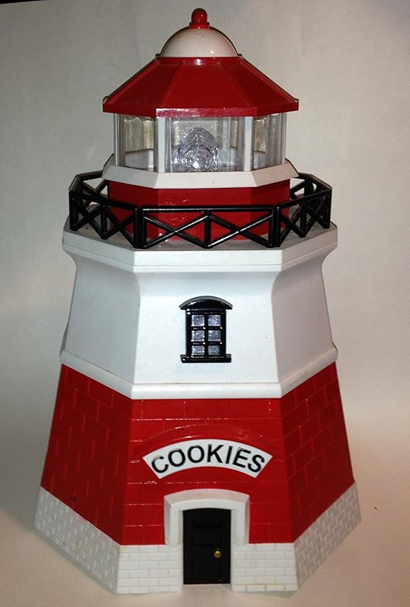 Red & White Plastic Lighthouse Cookie Jar Top of Lighthouse Lights Up and Fog