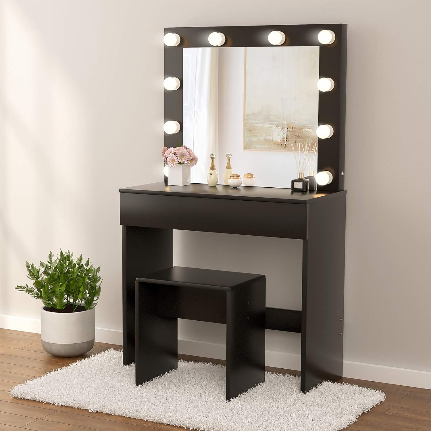Mecor Makeup Vanity Table Set w/10 LED Lights Mirror, Vanity Table with Stool & Drawer, Wood Dressing Table Bedroom Furniture, for Girls Women Gifts - Black