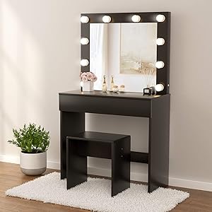 Mecor Makeup Vanity Table Set w/10 LED Lights Mirror, Vanity Table with Stool & Drawer, Wood Dressing Table Bedroom Furniture, for Girls Women Gifts - Black