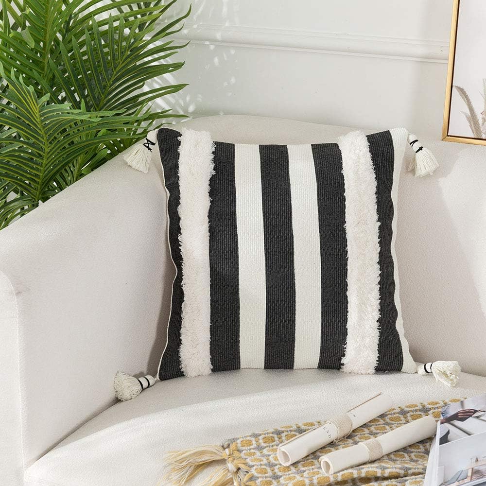 Collive Boho Striped Pillow Covers 18X18 Inch, Soft Woven Tufted Decorative Throw Pillows Cover with Tassels Farmhouse Accent Cushion Sham Case for Couch Sofa Bedroom Living Room, Black and White