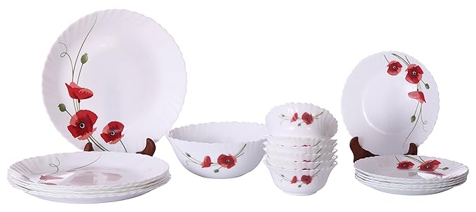 Larah Red Carnation Opalware Glass Dinner Set, 19-Pieces, White