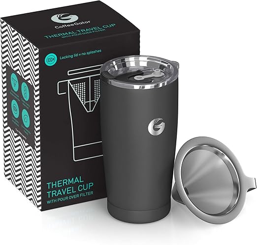 Amazon Com Pour Over Coffee Travel Mug Coffee Gator All In One Travel Coffee Maker And Thermal Cup Vacuum Insulated Stainless Steel Cup With Paperless Filter Dripper 20oz Gray Kitchen