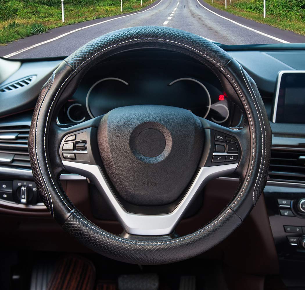 Super Accessories Auto Steering Wheel Cover Leather Universal 15 inch Fashion Feel Comfortable with Genuine Leather Steering Wheel Cover for Car Truck SUV (Black with White Lines)