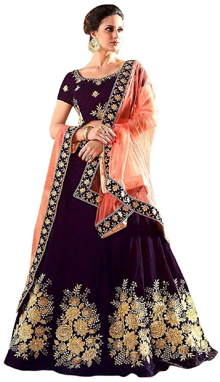 drashti villa women's embroidered taffeta silk lehenga choli with blouse piece (free size)