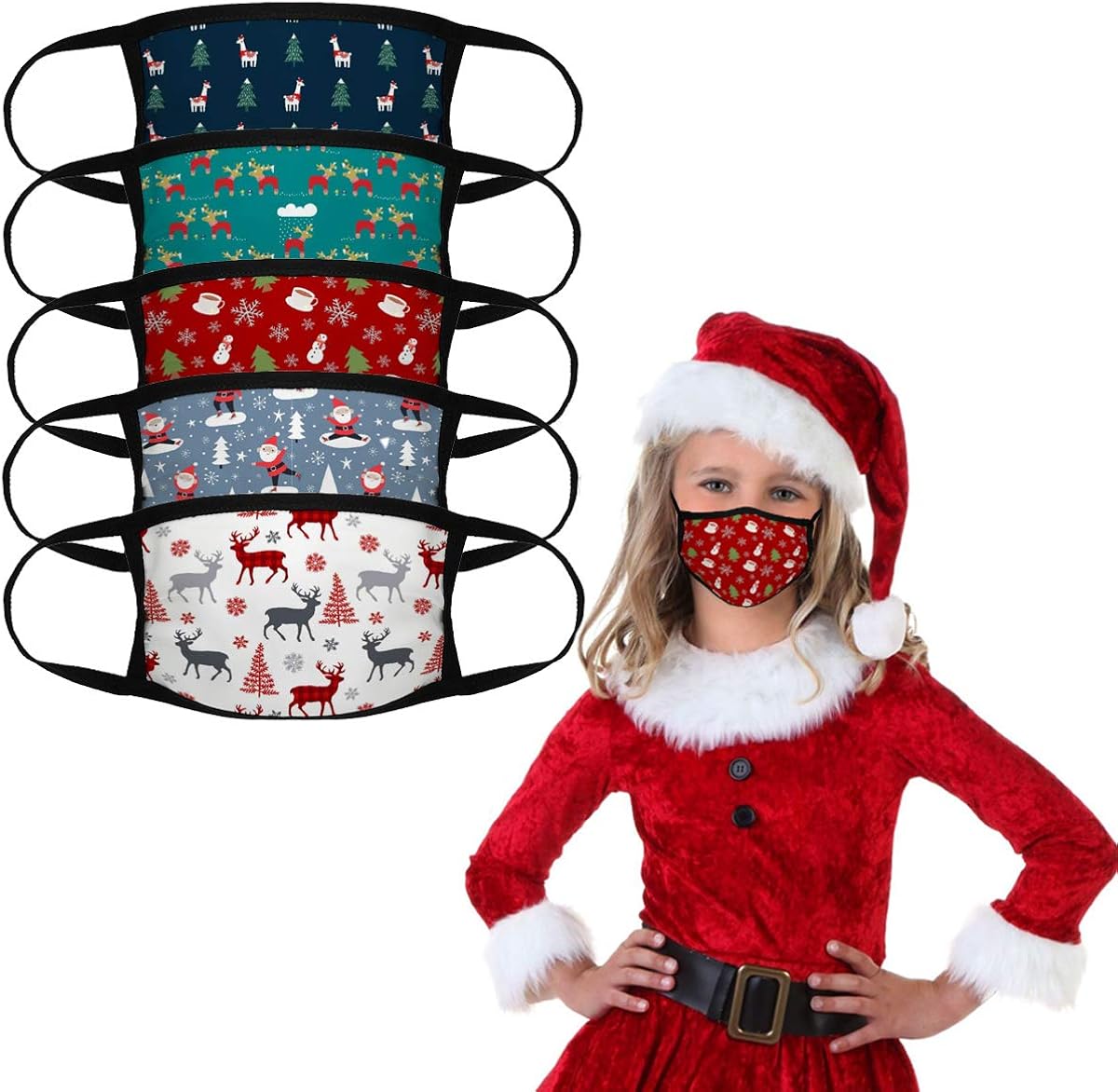 5PCS Big Kids Christmas Face Mask Bandana Reusable Washable Middle and High School Students Cover Breathable Cute Dust Covering for Youth Boys and Girls: Clothing