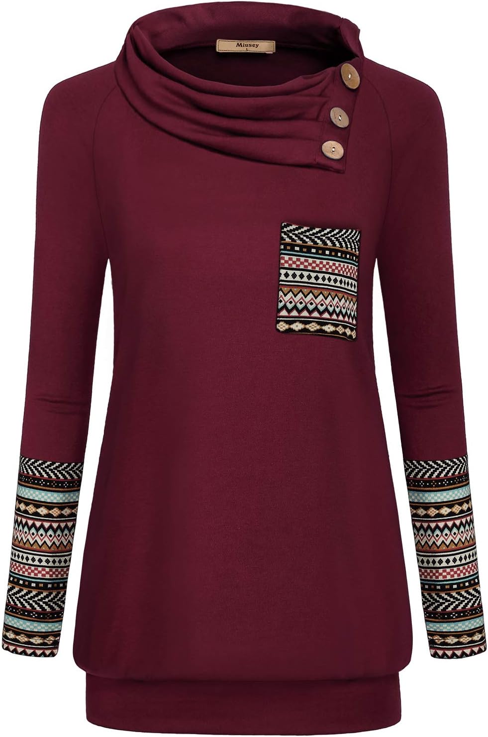 MiuseyWomens Raglan Long Sleeve Cowl Neck Pullover Casual Tunic Sweatshirts with Pockets