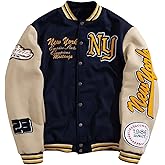GORGLITTER Men's Letter Graphic Varsity Jacket Long Sleeve Striped Trim Button Bomber Jackets