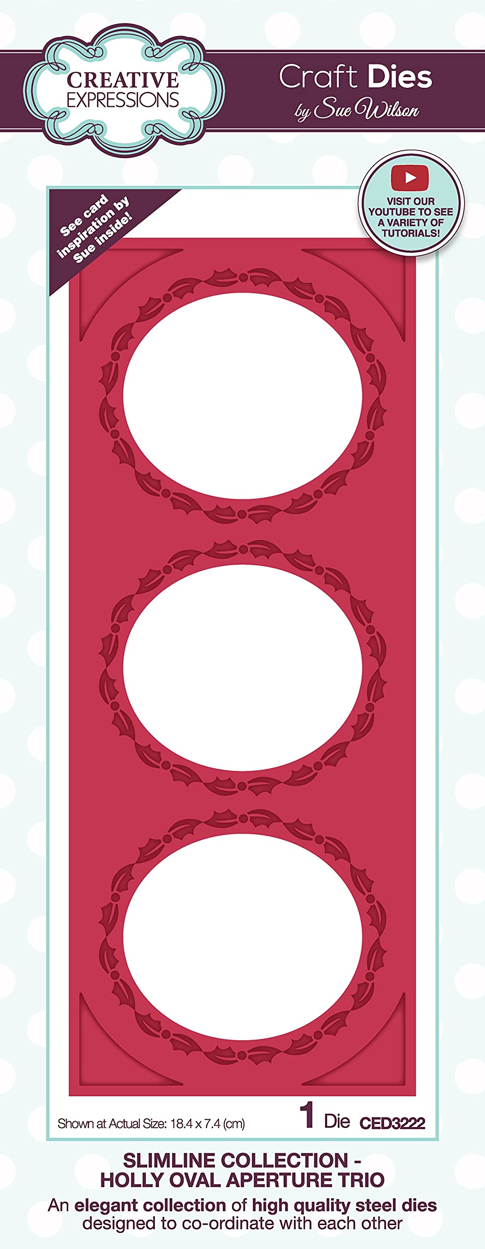 Creative Expressions Sue Wilson-Slimline Holly Oval Aperture Trio-Craft Die, Metal, Size 18.4 x 7.4 cm, CED3222