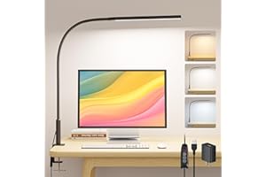 SEOUFRDZ LED Desk Lamp with Clamp, Eye Caring Clip Light for Home Office, 3 Colors Stepless Dimming, Flexible Gooseneck Table Lamp with USB Adapter for Reading Working Workbench Drawing Gaming (Black Pro)