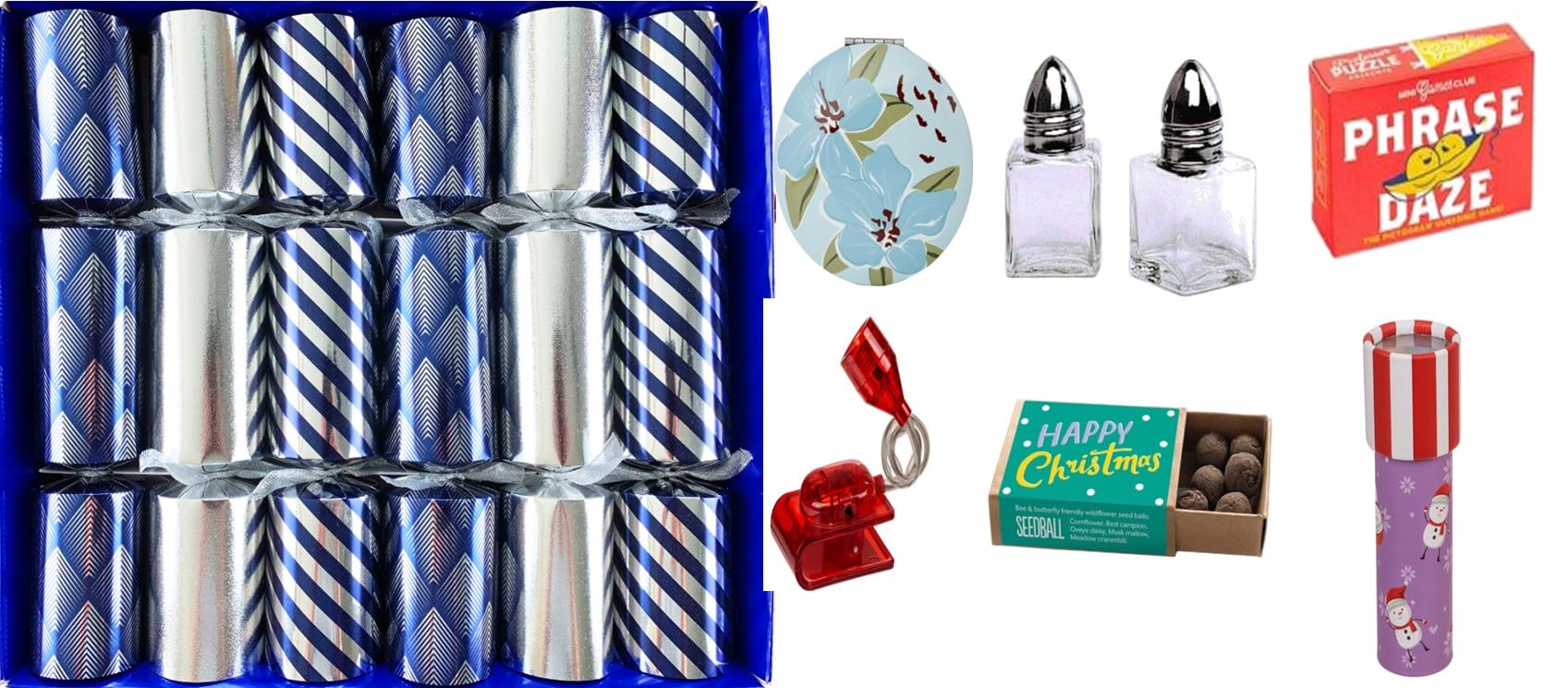 Crackers Ltd Set of 6 Family Size Large Selection Box of Christmas in Silver and Blue with selected gifts and bespoke blue hats
