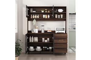AGOTENI Large Kitchen Hutch Cabinet, Storage Cupboard Pantry with 4 Glass Doors, 4 Drawers & Microwave Shelf, for Kitchen Open Storage, Rustic Brown (63" W x 15.7" D x 74.8" H)