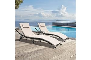 GUNJI Lounge Chairs for Outside 3 Pieces Patio Adjustable Chaise Lounge Outdoor Wicker Lounge Chairs Set of 2 with Table Folding Chaise Lounger for Poolside, Deck, Lawn (Beige)